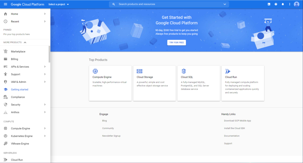 "Getting started" tab on the Google Cloud Platform console